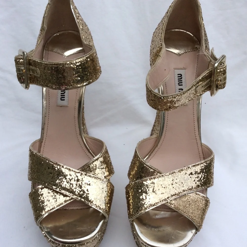 Miu Miu Glitter Crisscross Mary Jane Sandal, Gold - Picture 6 of 7